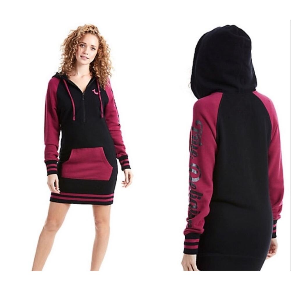 True Religion Half Zip Hoodie Women's Dress Black Magenta Size XL - Picture 2 of 12